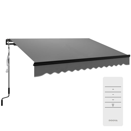 Photo of Outsunny 3 x 2.5m Electric Awning with LED Light and Remote Controller, Aluminium Frame DIY Retractable Awning, UV50+ Sun Shade Canopy for Garden Patio Deck Door Window, Dark Grey in Grey colour on a white background