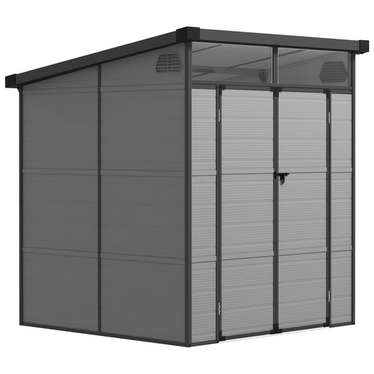 Photo of Outsunny 6 x 6ft Outdoor Storage Shed, Plastic Garden Shed with Windows and Air Vents, Outdoor Resin Tool Shed with Latch Doors for Garden, Deck, Light Grey in Grey colour on a white background
