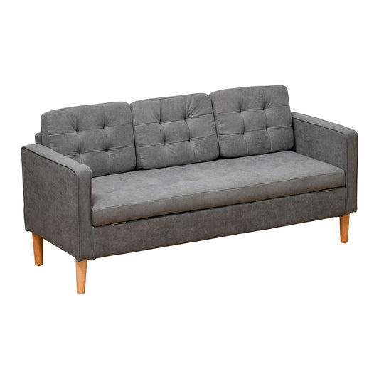Photo of HOMCOM 3 Seater Storage Sofa, Fabric Couch with Hidden Under Seat Storage, Thick Cushions, Compact Space Saving Settee with Rubberwood Legs for Living Room, Apartment, Grey in Grey colour on a white background