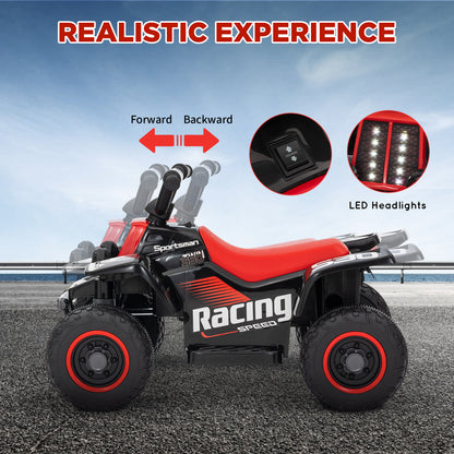 AIYAPLAY electric quad bike with red seat, LED headlights, and forward and reverse controls