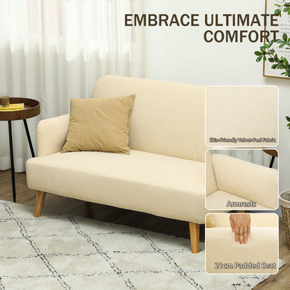 Cream two-seat sofa with textured upholstery, padded seat, and wood legs