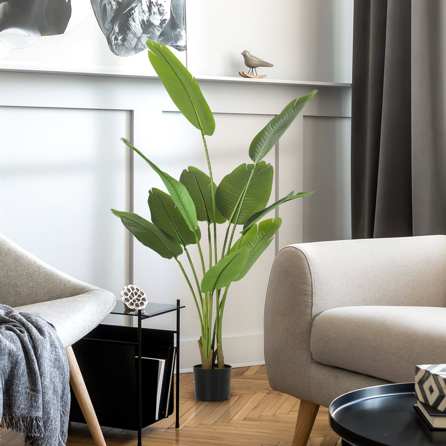 HOMCOM 160cm Tall Artificial Bird of Paradise Plant, Faux Banana Leaf Tree with PEVA Leaves and Flocking, Decorative Palm Tree in Pot for Home Office Decor, Green