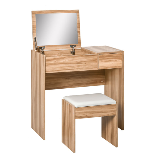 Photo of HOMCOM Dressing Table with Flip-Up Mirror and Cushioned Stool, Makeup Vanity Desk with Hidden Compartments and Storage Drawer, Convertible Writing Table for Bedroom, Natural in Natural colour on a white background