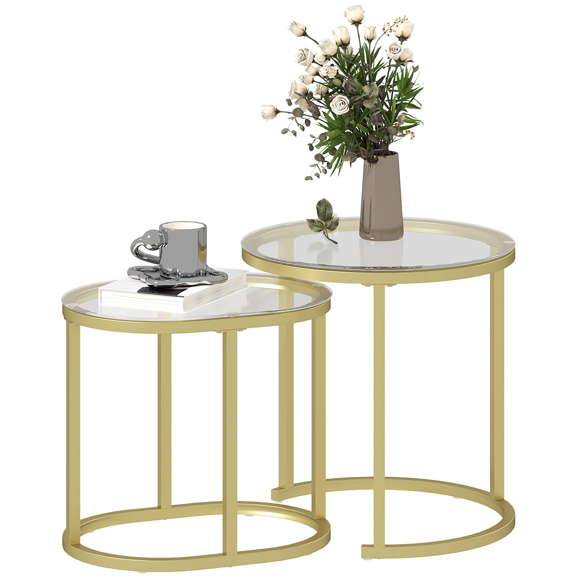 Photo of HOMCOM Nest of Tables with Steel Frame and Tempered Glass Tabletop, Modern Coffee Table Set of 2, Clear in Clear colour on a white background