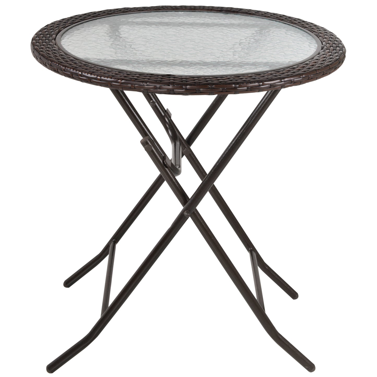 Photo of Outsunny Folding Rattan Garden Dining Table, 68 cm Round Rattan Garden Table with Water Ripple Tempered Glass Top, Wicker Edging  and Steel Frame for Outdoor, Patio, Brown in Brown colour on a white background