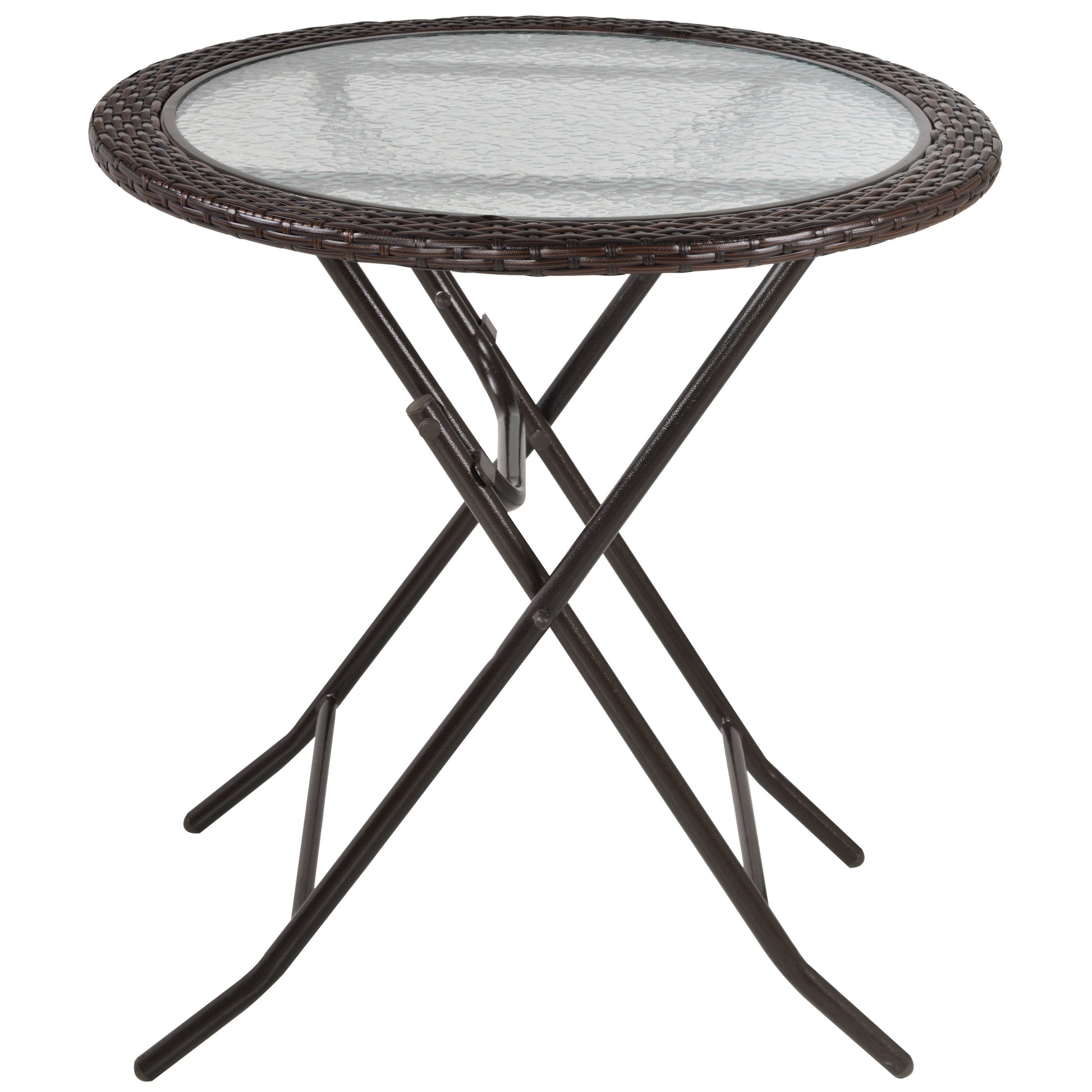 Photo of Outsunny Folding Rattan Garden Dining Table, 68 cm Round Rattan Garden Table with Water Ripple Tempered Glass Top, Wicker Edging  and Steel Frame for Outdoor, Patio, Brown in Brown colour on a white background