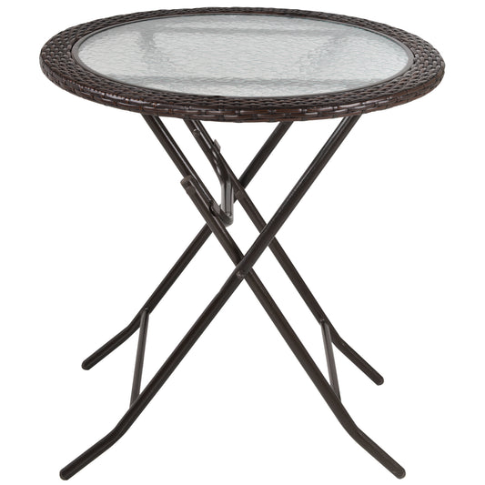Photo of Outsunny Folding Rattan Garden Dining Table, 68 cm Round Rattan Garden Table with Water Ripple Tempered Glass Top, Wicker Edging  and Steel Frame for Outdoor, Patio, Brown in Brown colour on a white background