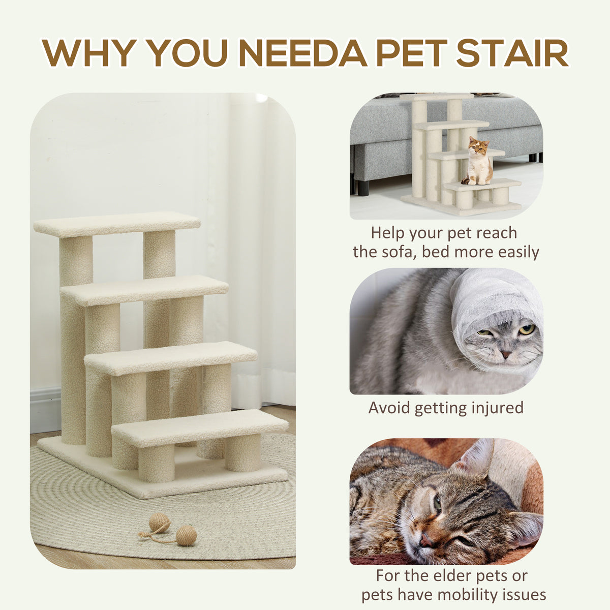 Cream four-step pet stairs shown with examples of pets using stairs to reach furniture