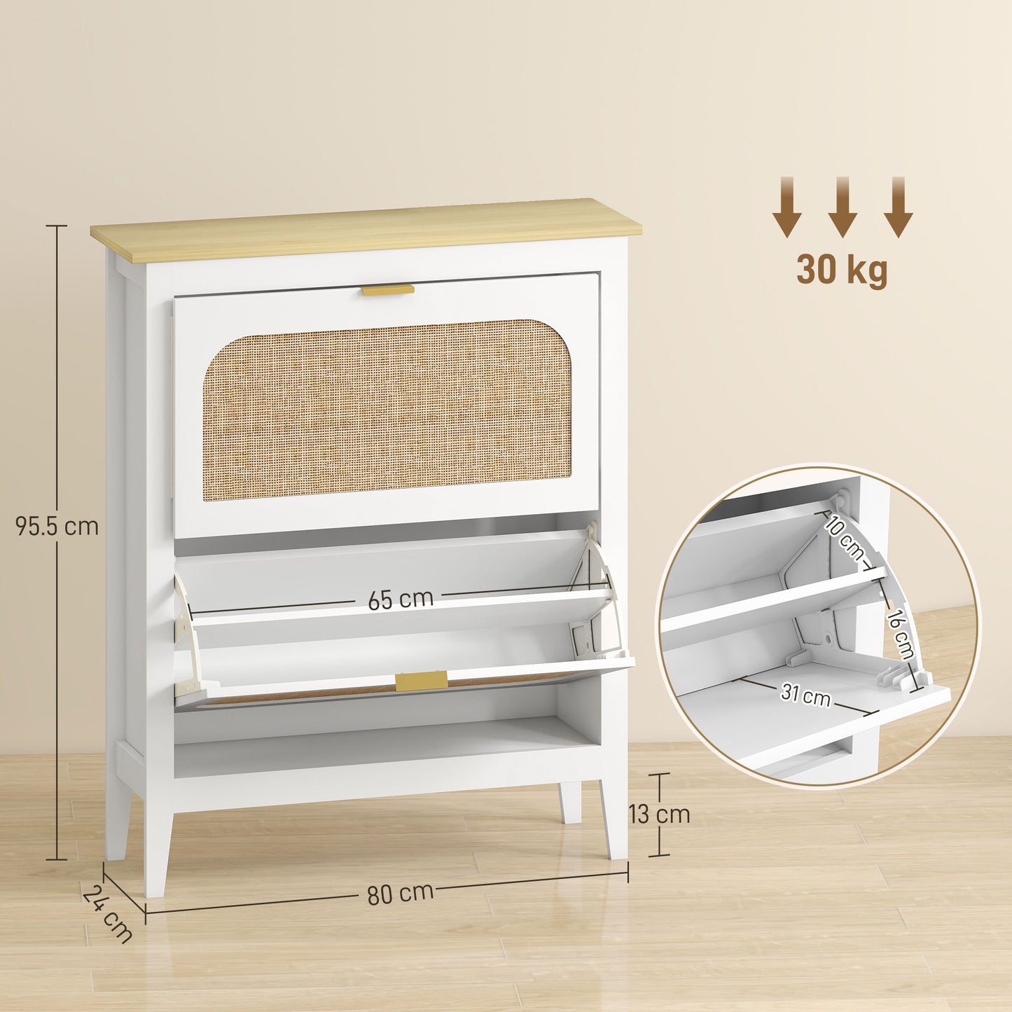 HOMCOM Narrow Shoe Cabinet, Boho Slim Shoe Storage Cabinet with 2 Flip Drawers, Holds 14 Pairs, White