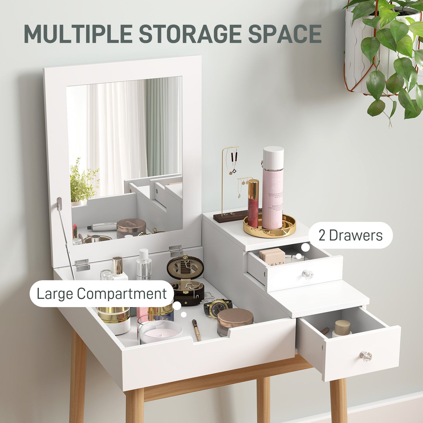 HOMCOM Dressing Table with Flip-up Mirror, Makeup Desk with 2 Drawers and Pine Wood Legs, Vanity Table Writing Desk for Bedroom Living Room, White