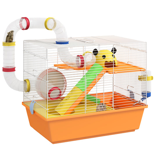 Photo of PawHut 3 Tiers Gerbil Cage, Hamster Cage with Tubes, Exercise Wheel, Ladder, Top Handle, 45 x 28 x 37cm - Orange in Orange colour on a white background