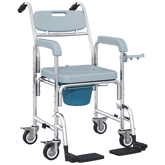 Photo of HOMCOM Rolling Shower Wheelchair for Seniors, Bedside Commode Chair with Locking Wheels, Seat, Backrest, Arms, Grey in Grey colour on a white background