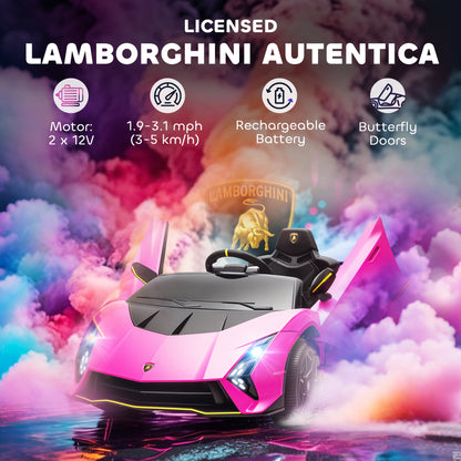 Pink Lamborghini Autentica ride-on car with butterfly doors open