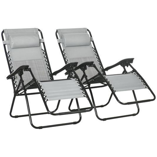 Photo of Outsunny Garden Recliner Chairs Set of 2, Outdoor Foldable Zero Gravity Chairs Set w/ Footstool and Detachable Headrest, Grey in Grey colour on a white background