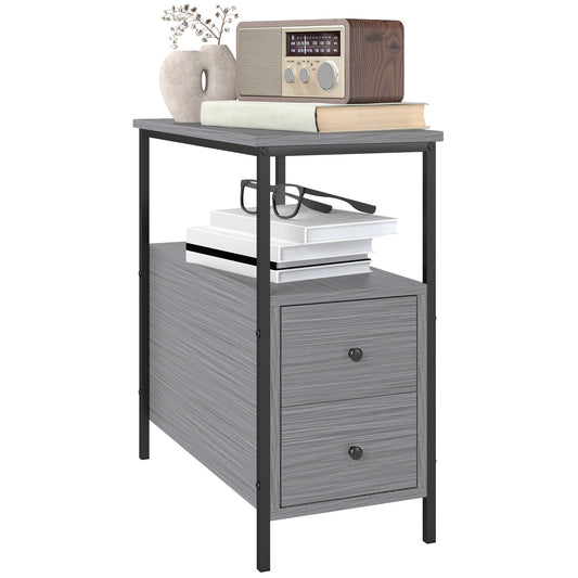 Photo of HOMCOM Side Table, Narrow Bedside Table with 2 Drawers and Storage Shelf, Industrial End Table with Metal Frame for Small Spaces, Grey Wood Grain in Grain colour on a white background