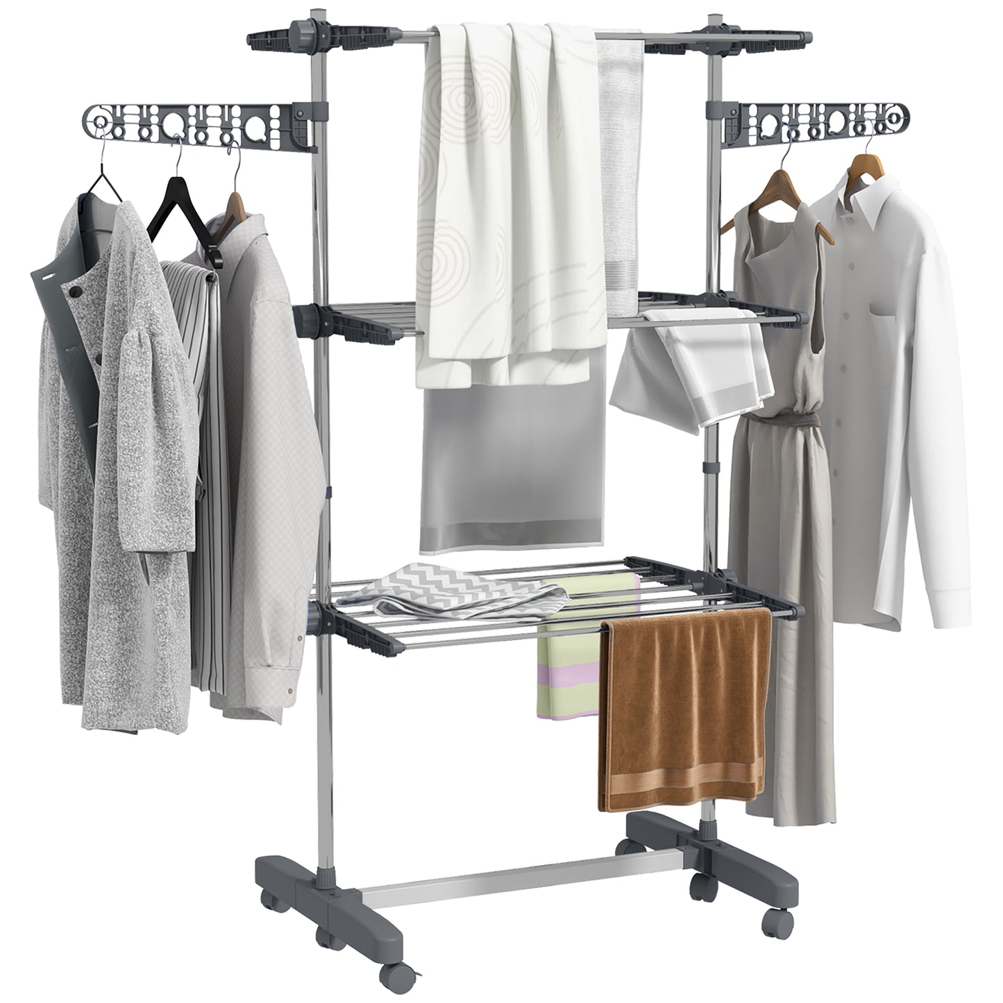 Photo of HOMCOM Three-Shelf Collapsing Clothes Horse, With Side Arms and Wheels - Grey in Grey colour on a white background