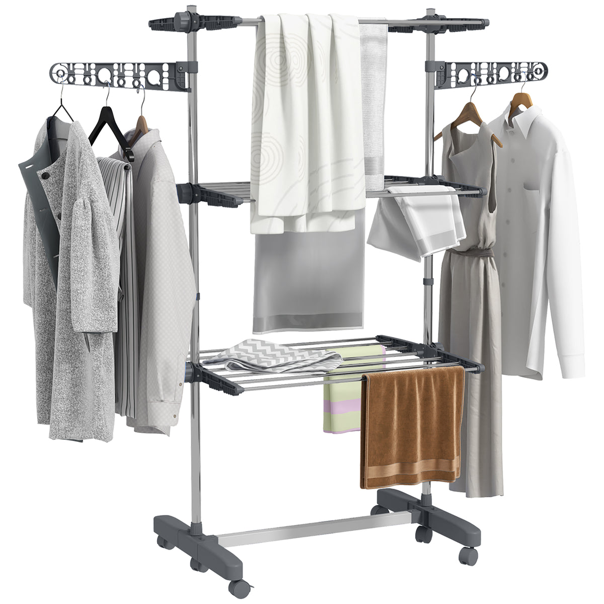 Photo of HOMCOM Three-Shelf Collapsing Clothes Horse, With Side Arms and Wheels - Grey in Grey colour on a white background