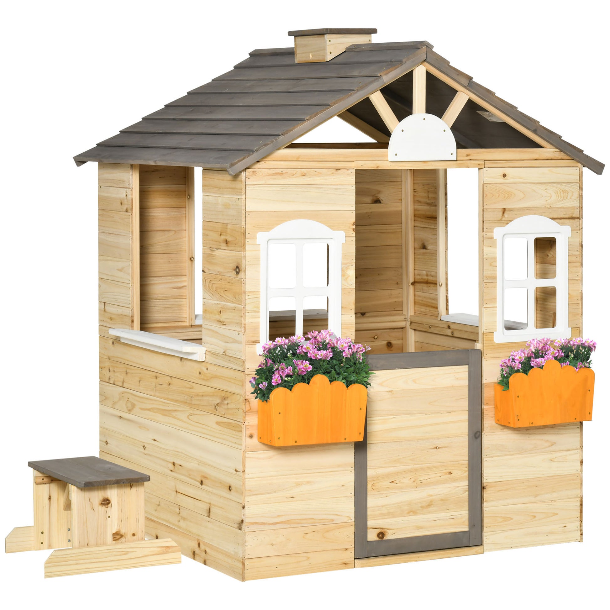 Photo of Outsunny Wooden Playhouse for Kids Outdoor Wendy House with Door, windows, Bench, Service Stations, Flowerpot Holder, For Ages 3-7 Years in Years colour on a white background