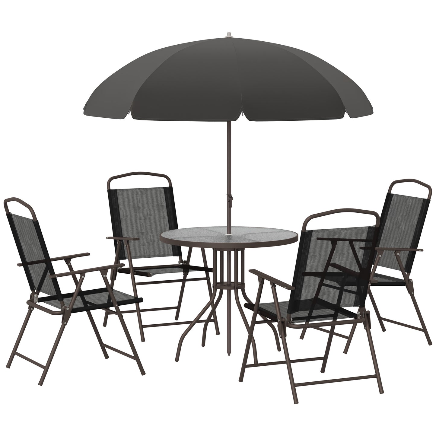 Photo of Outsunny 6 Piece Garden Dining Set with Umbrella, Patio Sets with Parasol with 4 Folding Dining Chairs & Round Tempered Glass Table, Black in Black colour on a white background