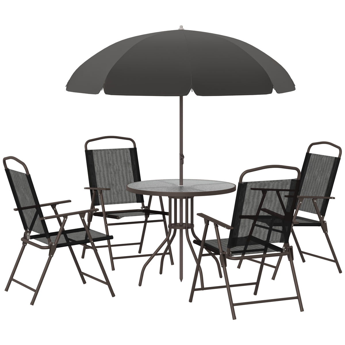 Photo of Outsunny 6 Piece Garden Dining Set with Umbrella, Patio Sets with Parasol with 4 Folding Dining Chairs, Black in Black colour on a white background