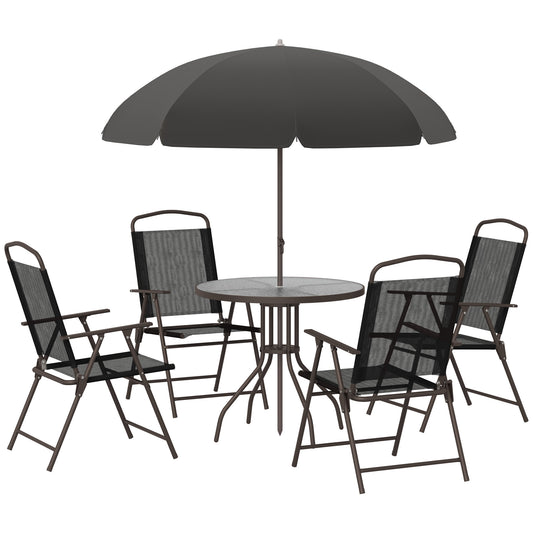 Photo of Outsunny 6 Piece Garden Dining Set with Umbrella, Patio Sets with Parasol with 4 Folding Dining Chairs, Black in Black colour on a white background
