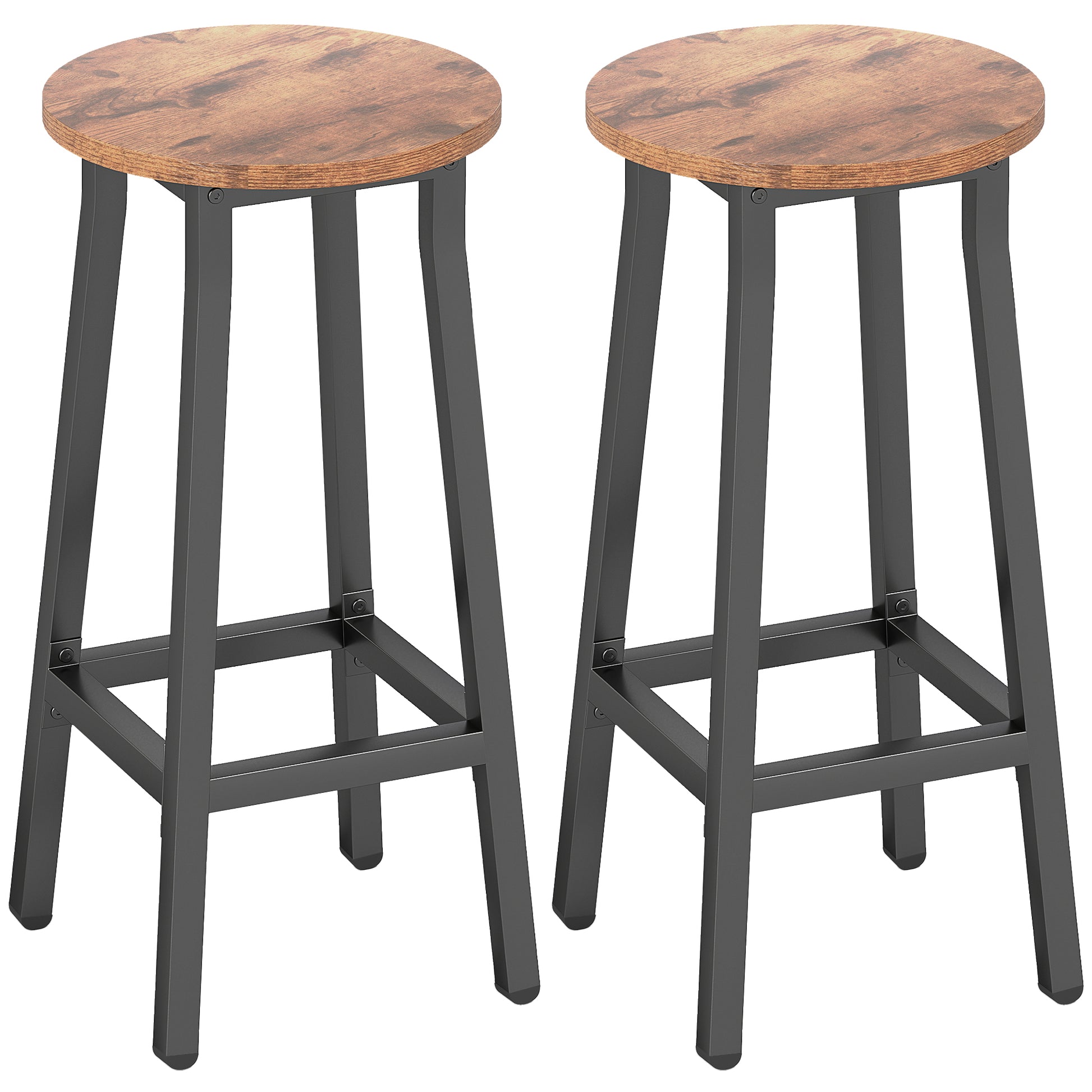Photo of HOMCOM Bar Stools Set of 2 Breakfast Bar Stools with Footrest, Industrial Round, 32 x 32 x 65 cm, Rustic Brown in Brown colour on a white background