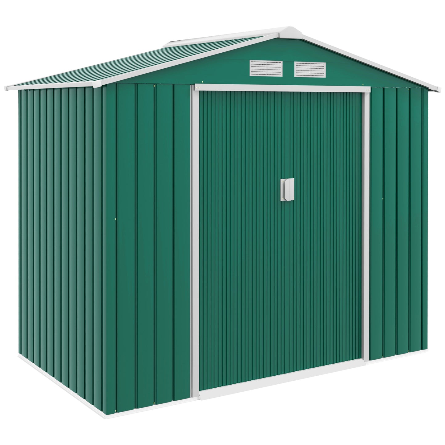 Photo of Outsunny 7 x 4ft Metal Garden Shed, Outdoor Storage Tool House with Ventilation Slots, Foundation Kit and Lockable Double Doors, Green in Green colour on a white background