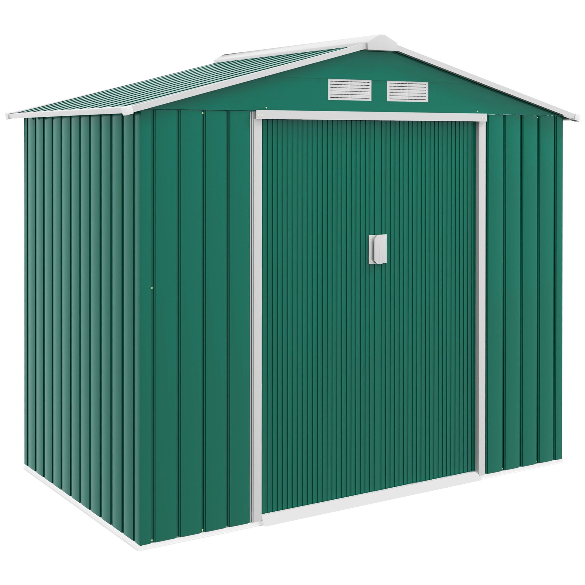 Photo of Outsunny 7 x 4ft Metal Garden Shed, Outdoor Storage Tool House with Ventilation Slots, Foundation Kit and Lockable Double Doors, Green in Green colour on a white background