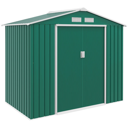 Photo of Outsunny 7 x 4ft Metal Garden Shed, Outdoor Storage Tool House with Ventilation Slots, Foundation Kit and Lockable Double Doors, Green in Green colour on a white background