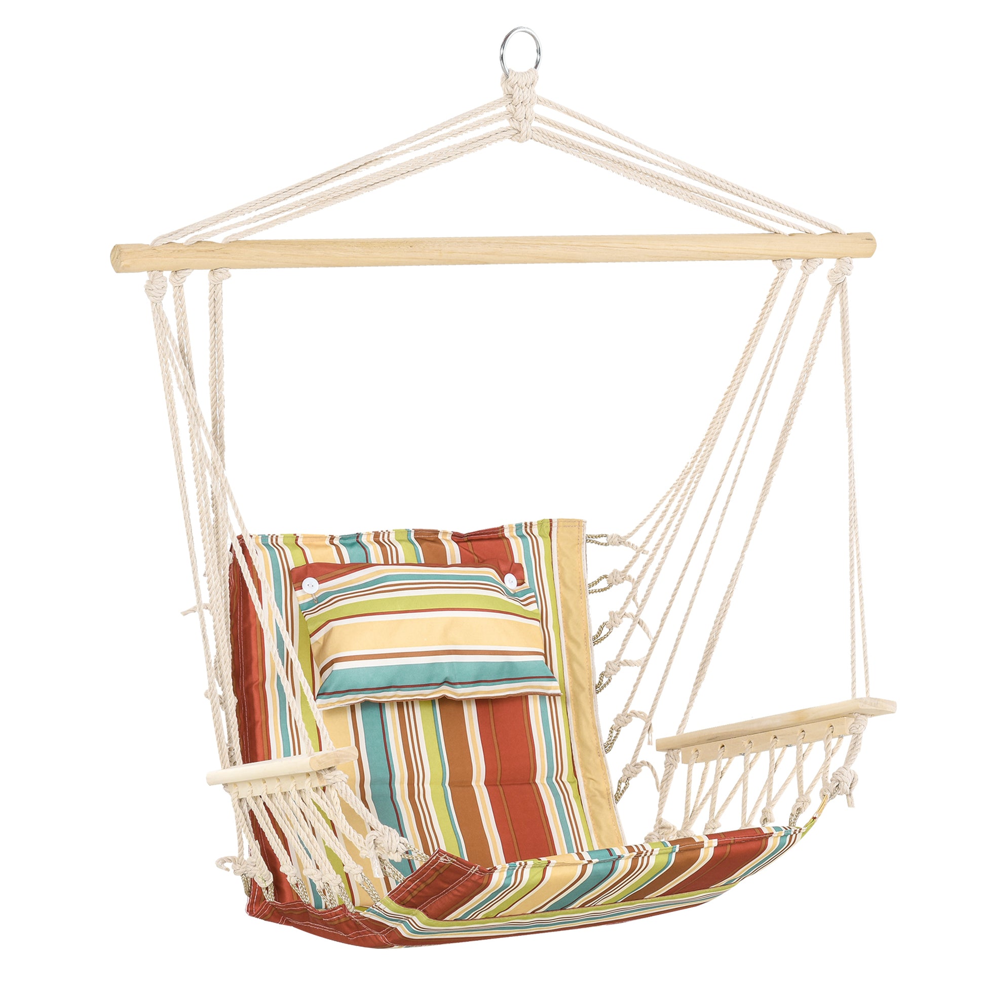 Photo of Outsunny Garden Outdoor Hanging Hammock Chair Thick Rope Frame Wooden Arms Safe Wide Seat Garden Outdoor Spot Stylish Multi-Color Stripe in Stripe colour on a white background