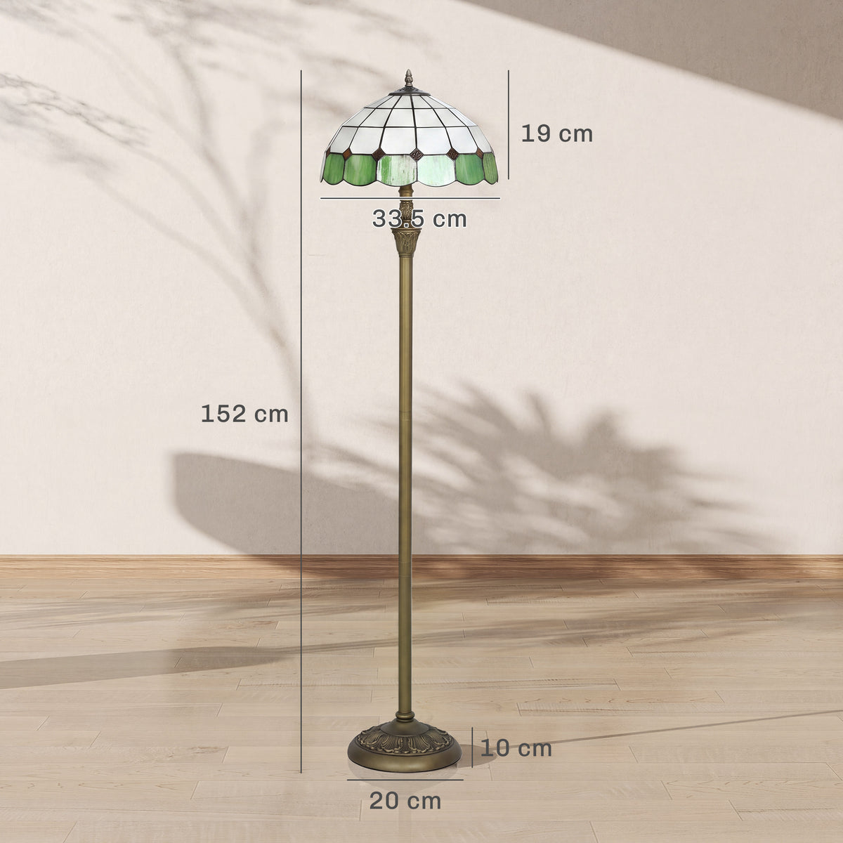 HOMCOM Tiffany-Style Floor Lamp with Handcrafted Stained Glass Shade, 152cm Tall Vintage Standing Lamp, Bronze Tone and Green