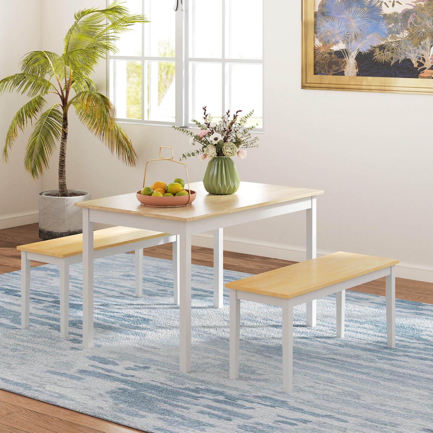 HOMCOM Dining Table and Bench Set, Farmhouse Kitchen Table and Bench with Wooden Frame for Living Room, Dining Room, Natural and White