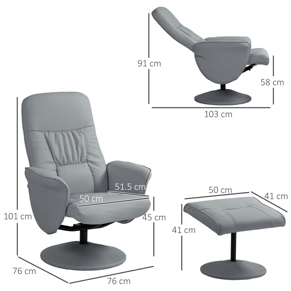 Light gray recliner chair and ottoman with dimensions shown