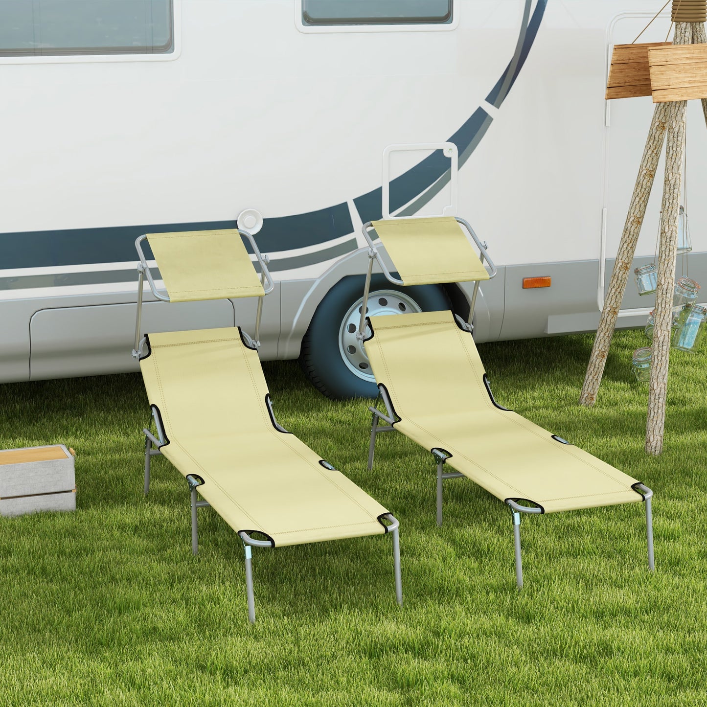 Outsunny Folding Sun Lounger Set of 2 with Canopy, Reclining Sunbed with 4-Position Adjustable Backrest, 600D Oxford Cloth, Portable Garden Lounger Recliner Chair for Beach, Camping, Patio, Beige