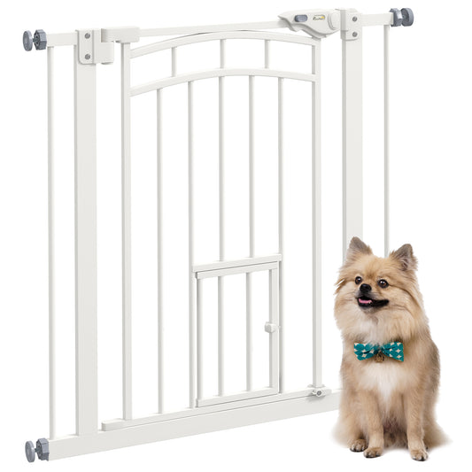 Photo of PawHut Pressure Fit Stair Gate, Dog Gate w/ Small Cat Door, Auto Closing System, Double Locking Openings, 74-80cm - White in White colour on a white background