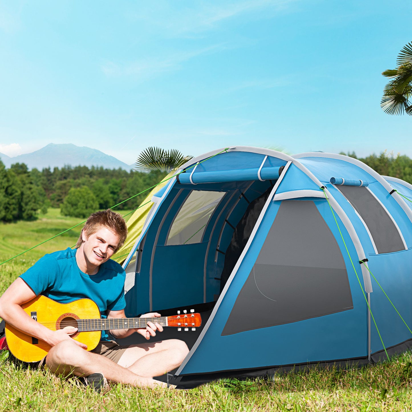 Outsunny 3-4 Man Tunnel Tent, Two Room Camping Tent with Windows, Portable Carry Bag, for Fishing, Hiking, Sports, Festival - Blue