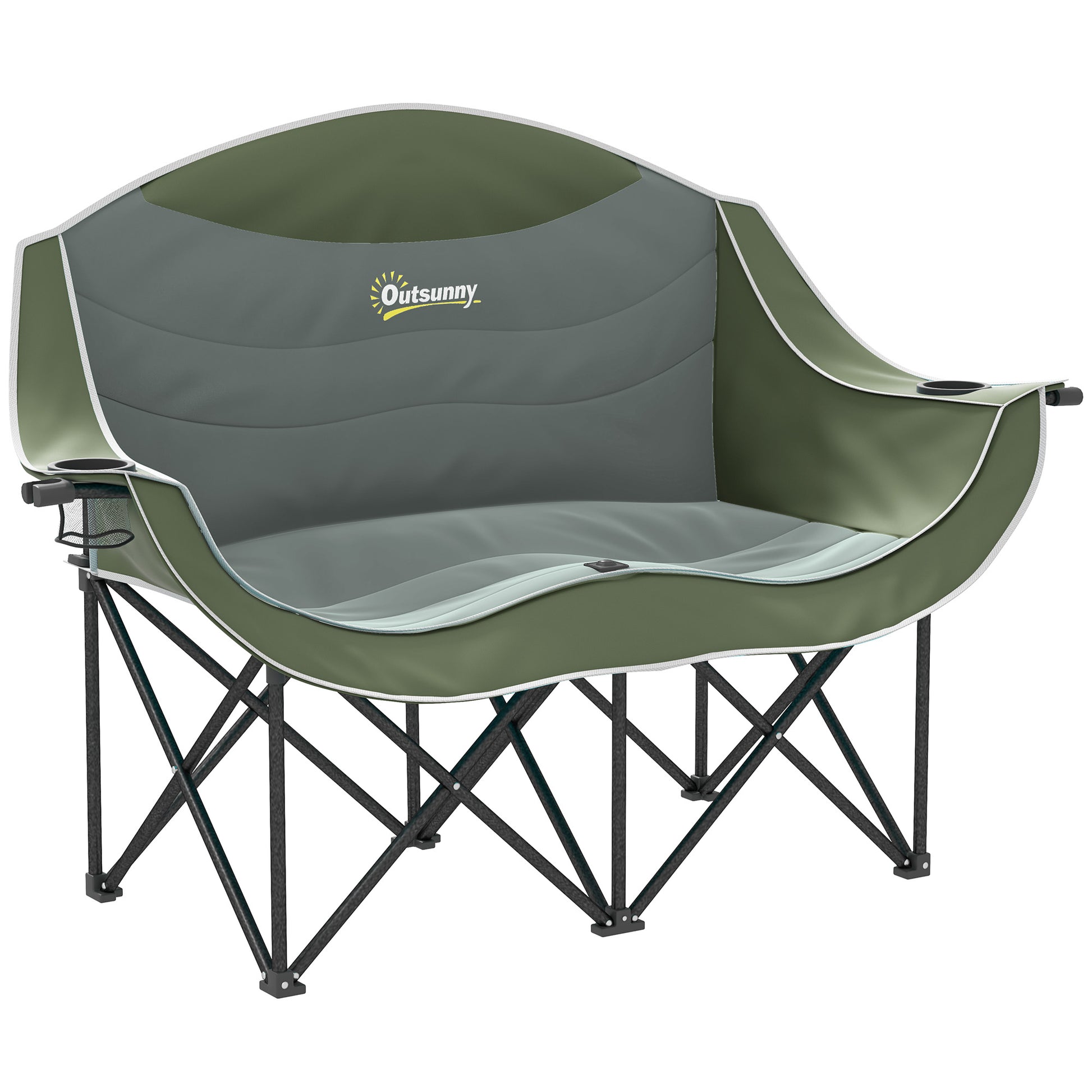 Photo of Outsunny Double Camping Chair for Adults with Armrests, Heavy Duty Oversized Padded Folding Chair with Carry Bag, Cup Holders for Outdoor Hiking Picnic Camping Fishing, 250kg Capacity, Green in Green colour on a white background