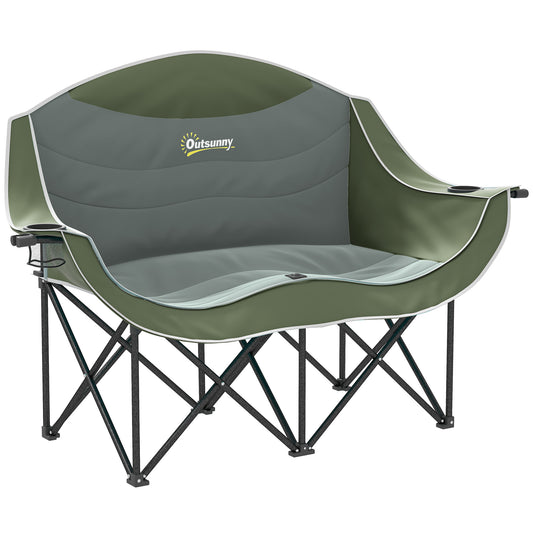 Photo of Outsunny Double Camping Chair for Adults with Armrests, Heavy Duty Oversized Padded Folding Chair with Carry Bag, Cup Holders for Outdoor Hiking Picnic Camping Fishing, 250kg Capacity, Green in Green colour on a white background
