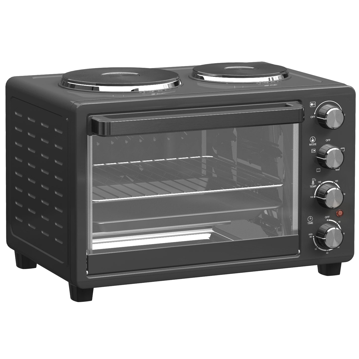 Photo of HOMCOM 28L Mini Oven with 2 Hot Plates, Countertop Toaster Oven, Grill, Roast, Bake, Boil, with Timer, Adjustable Temperature, Electric Oven with Baking Tray, Grill Rack, Crumb Tray, 2600W, Black in Black colour on a white background