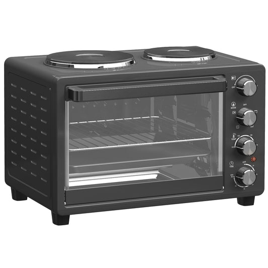 Photo of HOMCOM 28L Toaster Oven with Double Hotplate, 1600W Countertop MIni Oven with 60 Minute Timer & 230°C Temp Control, Baking Tray & Wire Rack, Black in Black colour on a white background