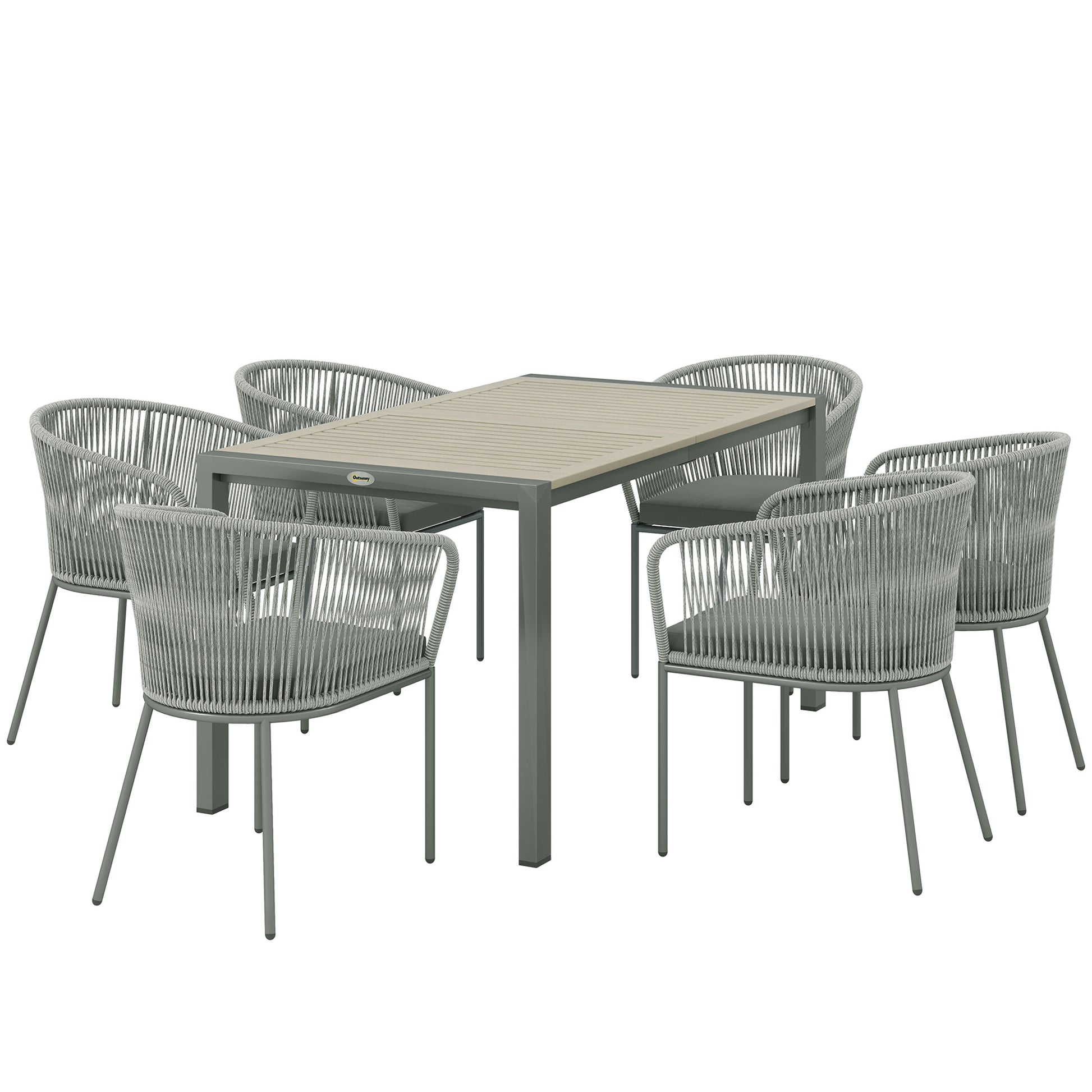 Photo of Outsunny Rattan Dining Set, 6 Seater Rattan Garden Furniture Set with Acacia Wood Top Rectangle Table, 6 Chairs, Washable Seat Cushions, for Outdoor, Patio, Conservatory, Grey in Grey colour on a white background