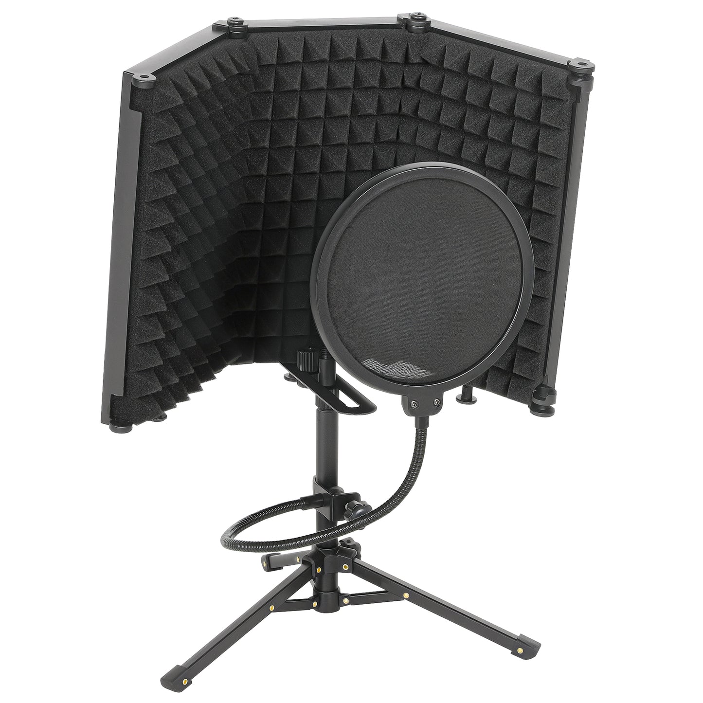 Photo of HOMCOM Studio Microphone Isolation Shield with Pop Filter and Tripod Stand, Foldable Adjustable Recording Studio Equipment, 3-Panel High Density Absorbent Foam Shield with 3/8" Threaded Mount, Black in Black colour on a white background