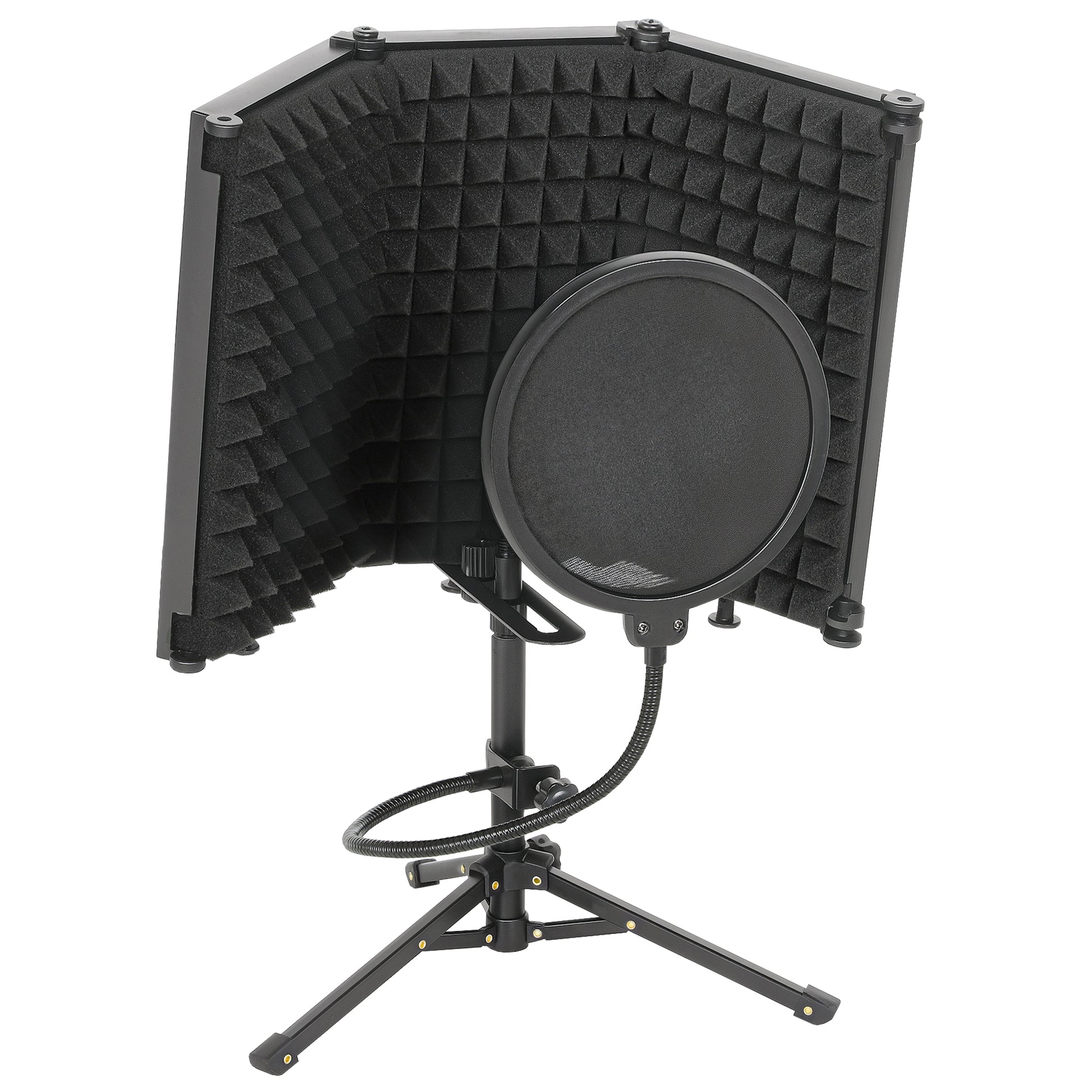 Photo of HOMCOM Studio Microphone Isolation Shield with Pop Filter and Tripod Stand, Foldable Adjustable Recording Studio Equipment, 3-Panel High Density Absorbent Foam Shield with 3/8" Threaded Mount, Black in Black colour on a white background