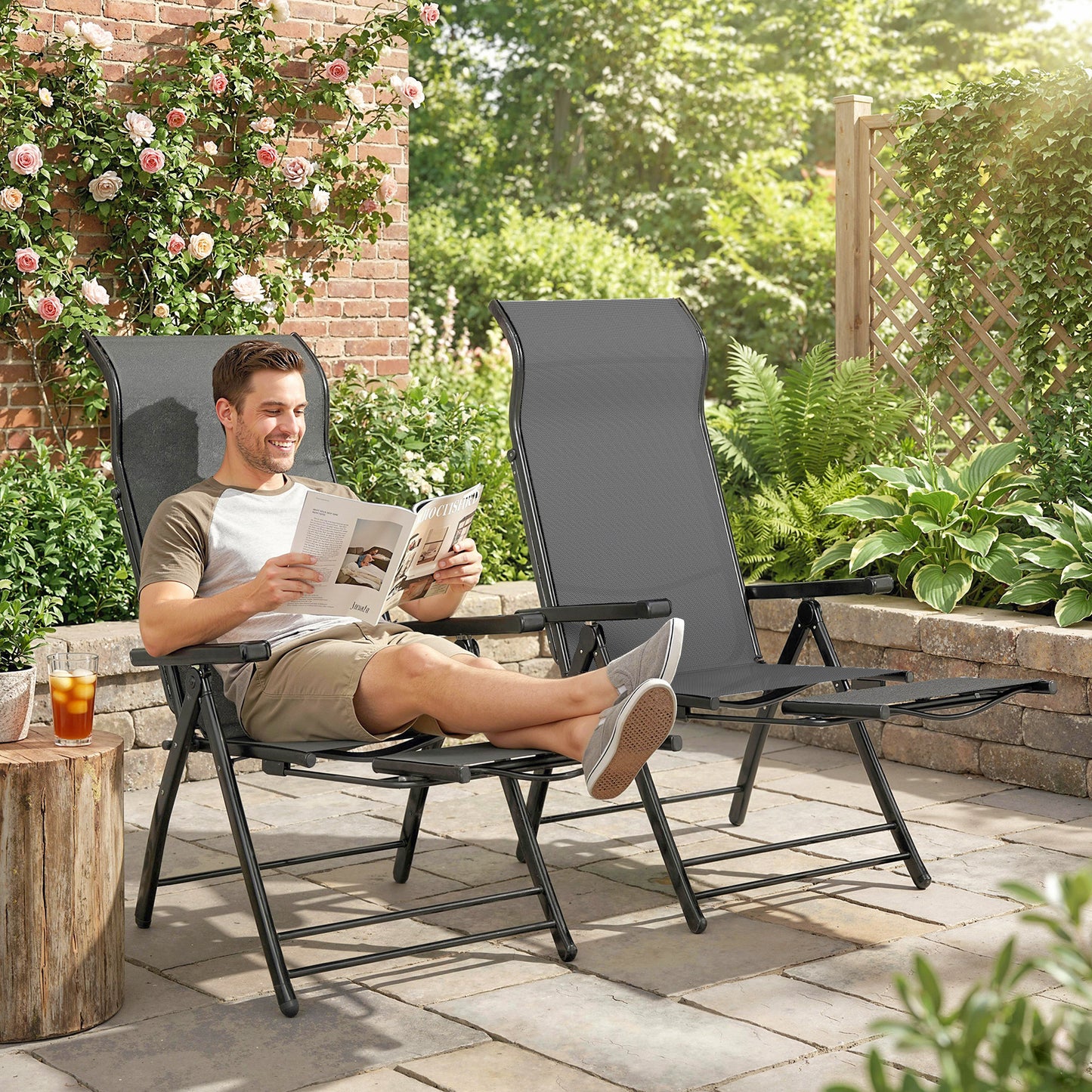 Outsunny Reclining Garden Chairs Set of 2 with High Back, Retractable Footrest, Dark Grey