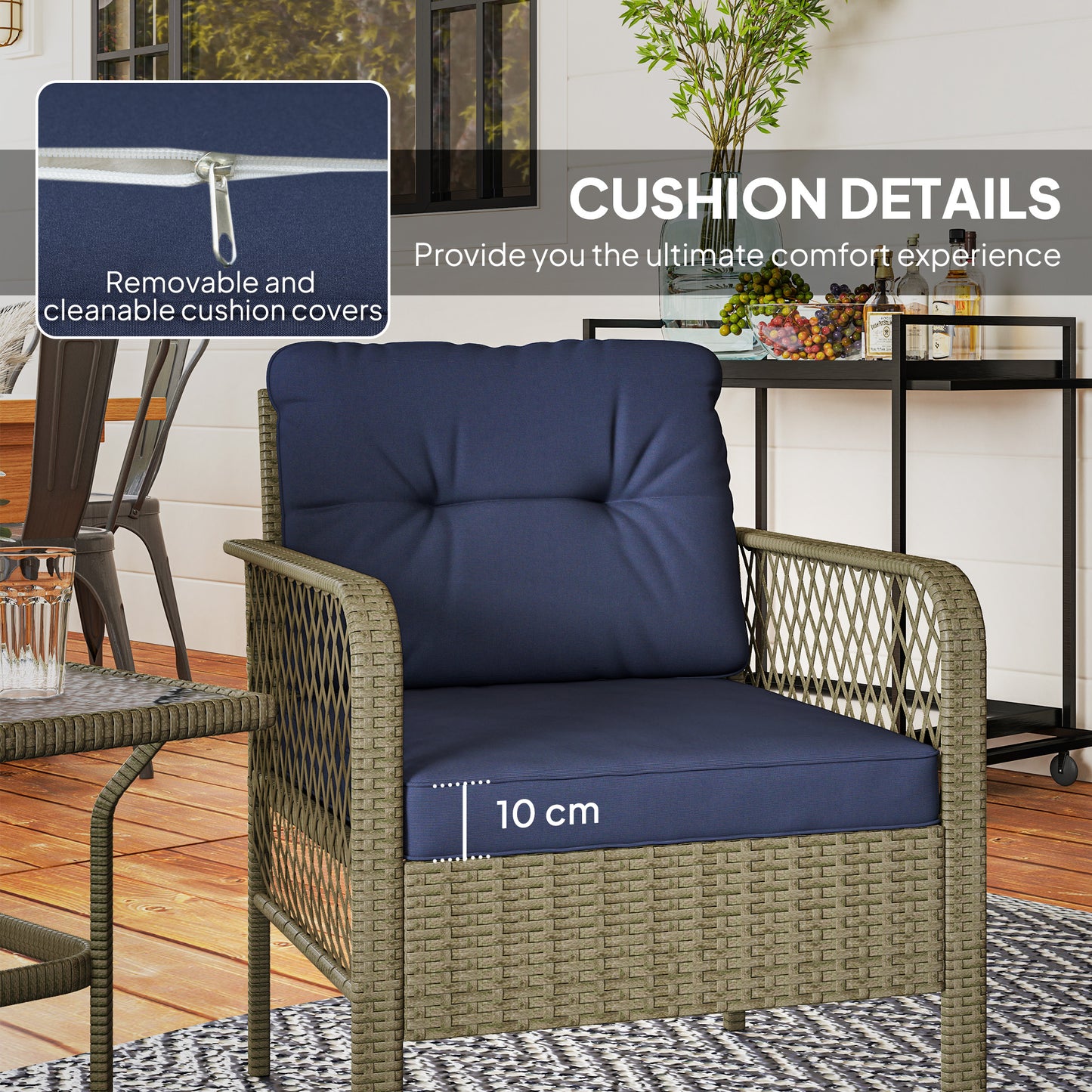 Outsunny 3 Pieces Rattan Bistro Set with Glass Top Coffee Table, Chairs and Cushions for Outdoor, Patio, Balcony, Charcoal Grey