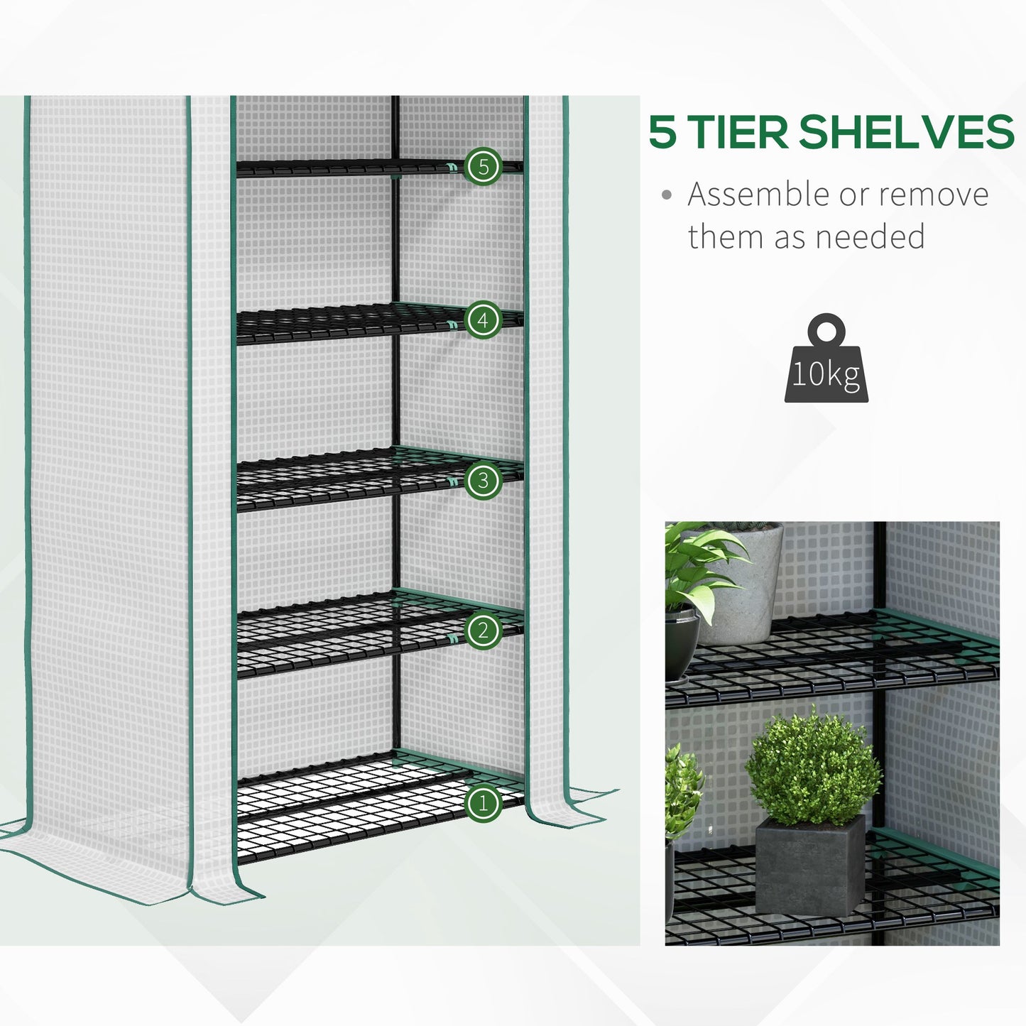 Outsunny 5 Tier Widened Mini Greenhouse with Reinforced PE Cover, Portable Indoor Outdoor Green House with Roll-up Door and Wire Shelves, 90 x 49 x 193cm, White