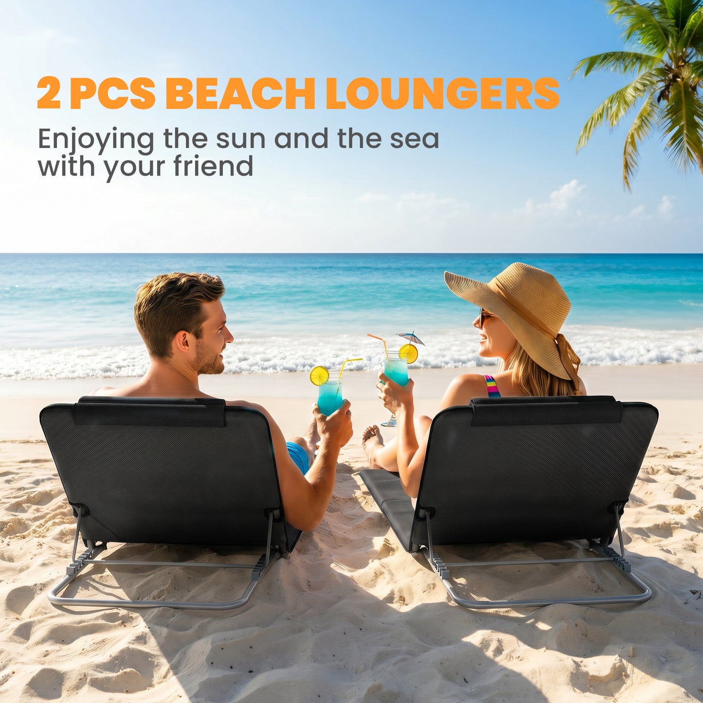 Outsunny Set of 2 Foldable Garden Beach Chair Mat Lightweight Outdoor Sun Lounger Seats Adjustable Back Metal Frame PE Fabric Head Pillow w/ Carry Bag, Black