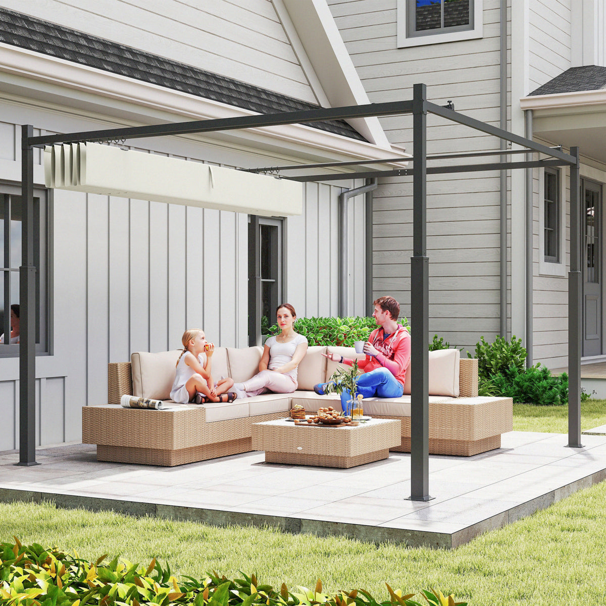 Metal pergola with cream retractable canopy over a patio seating area