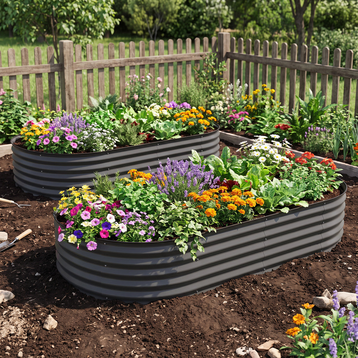 Two dark grey corrugated steel planters filled with colorful flowers