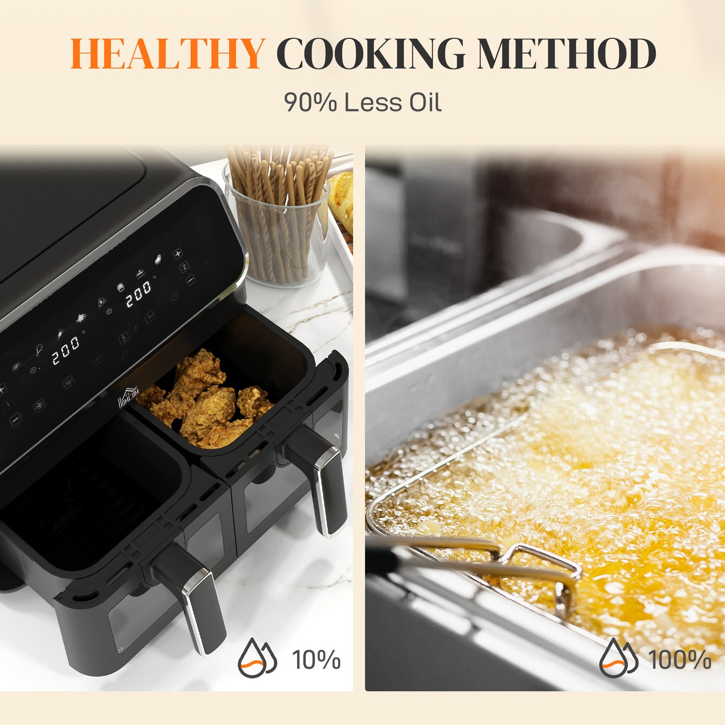 HOMCOM 8L Dual Basket Air Fryer, 80-200℃ Air Fryer Oven with 2 Baskets and Sync Function - Black/Silver